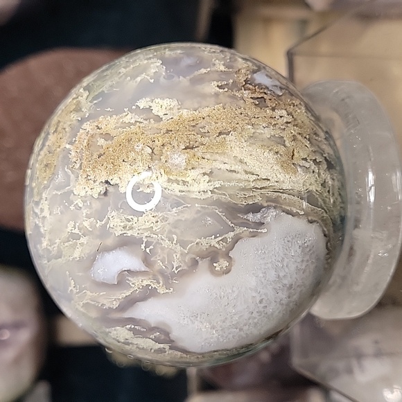 Moss Agate Sphere with Druzy Pockets & QuartzHigh Gloss Polish73mm